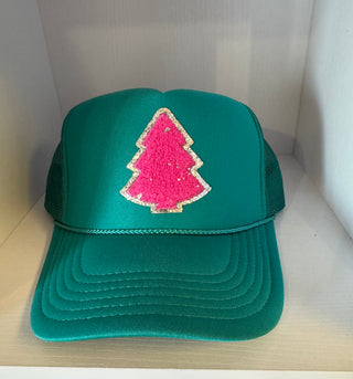 Christmas Trucker Hat | teal with pink tree